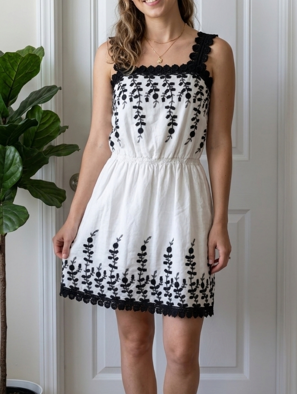 Max Studio White Midi Dress with Black Floral Embroidery